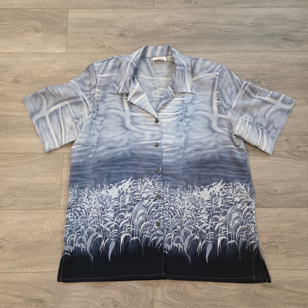 Vtg Alia Loop Collar Shoulder Pad Button Up Shirt Womens 14 Blue Floral Hippie